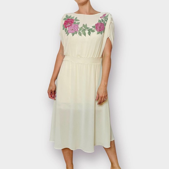 80s My Colours Cream Sheer Dress with Floral Top - Picture 3 of 5